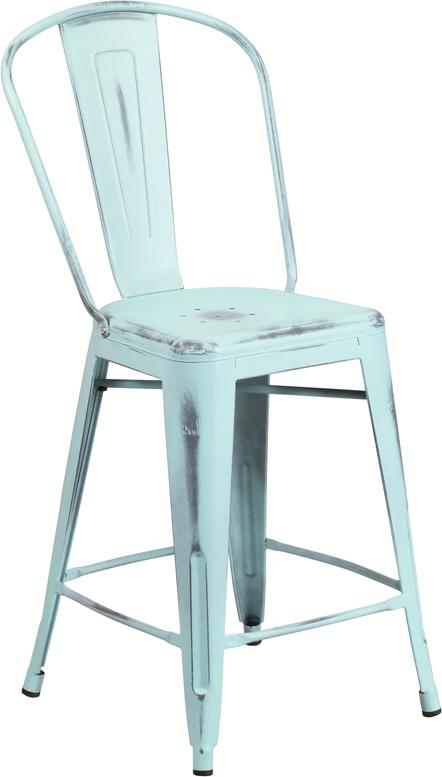 24'' High Distressed Green-Blue Metal Indoor-Outdoor Counter Height Stool with Back - ET-3534-24-DB-GG