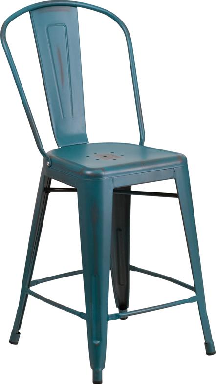 24'' High Distressed Kelly Blue-Teal Metal Indoor-Outdoor Counter Height Stool with Back - ET-3534-24-KB-GG