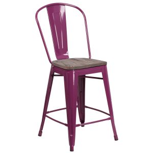 24 High Purple Metal Counter Height Stool with Back and Wood Seat