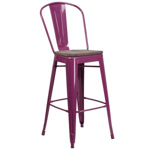 30 High Purple Metal Barstool with Back and Wood Seat