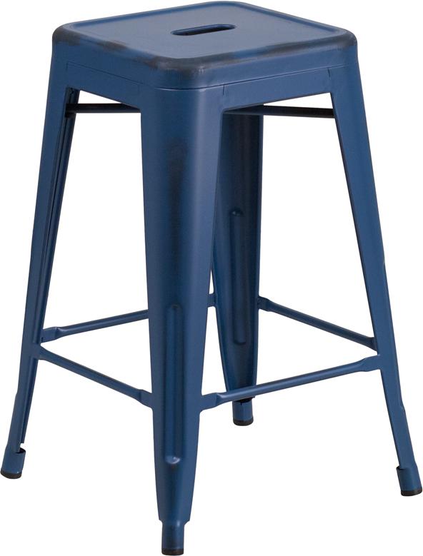 24'' High Backless Distressed Antique Blue Metal Indoor-Outdoor Counter Height Stool - ET-BT3503-24-AB-GG