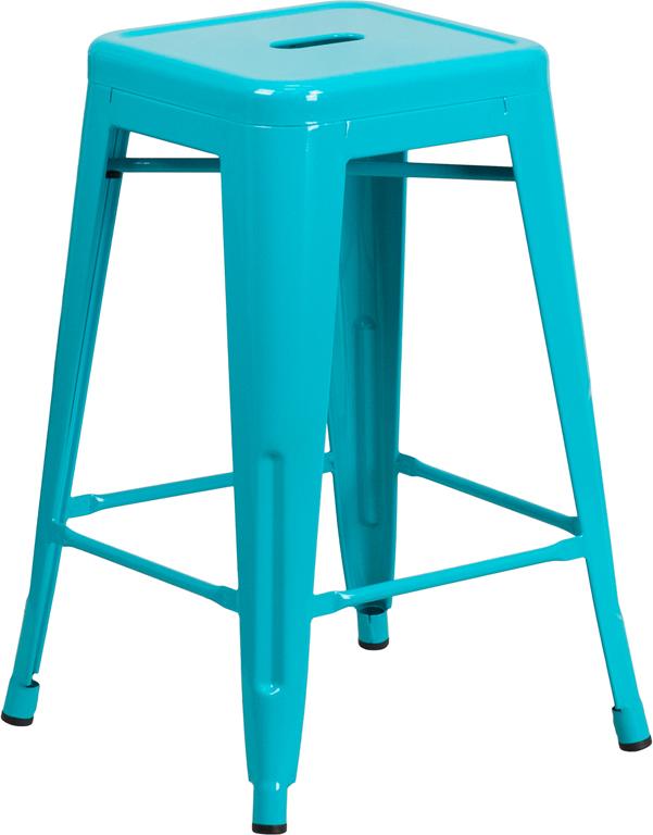 24'' High Backless Crystal Teal-Blue Indoor-Outdoor Counter Height Stool - ET-BT3503-24-CB-GG