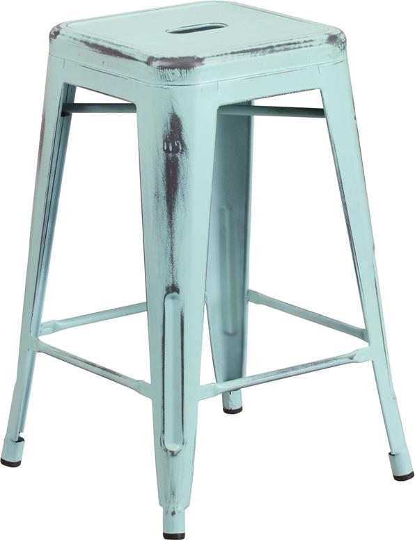 24'' High Backless Distressed Green-Blue Metal Indoor-Outdoor Counter Height Stool - ET-BT3503-24-DB-GG