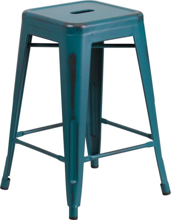 24'' High Backless Distressed Kelly Blue-Teal Metal Indoor-Outdoor Counter Height Stool - ET-BT3503-24-KB-GG