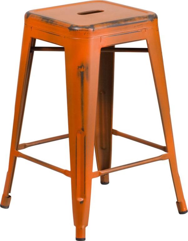 24'' High Backless Distressed Orange Metal Indoor-Outdoor Counter Height Stool - ET-BT3503-24-OR-GG