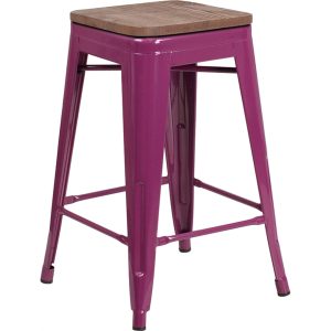 24 High Backless Purple Counter Height Stool with Square Wood Seat