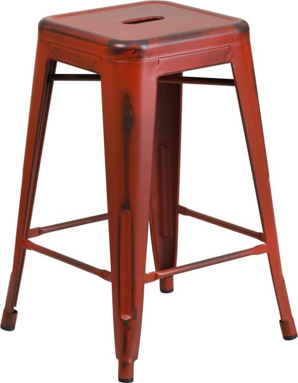 24'' High Backless Distressed Kelly Red Metal Indoor-Outdoor Counter Height Stool - ET-BT3503-24-RD-GG