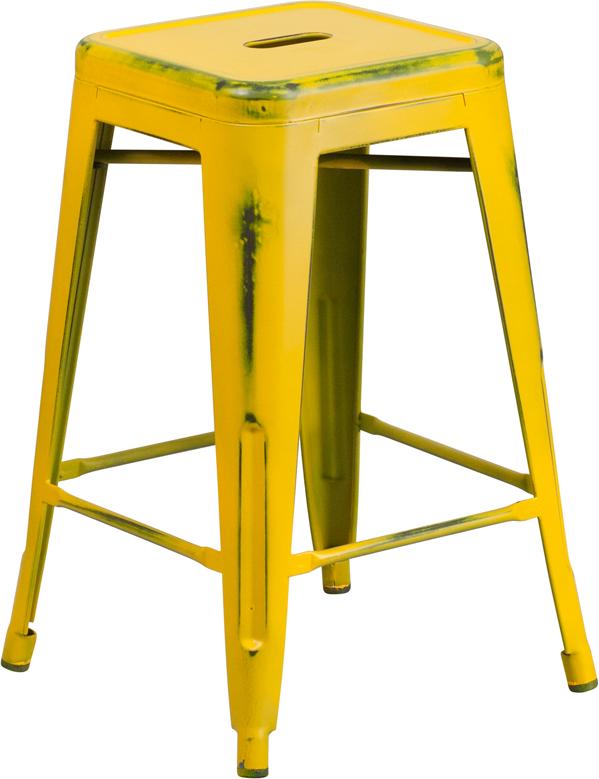 24'' High Backless Distressed Yellow Metal Indoor-Outdoor Counter Height Stool - ET-BT3503-24-YL-GG
