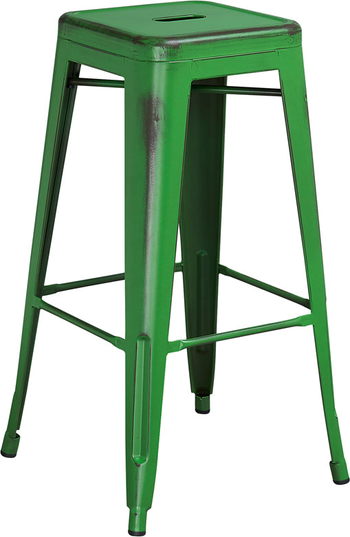 30'' High Backless Distressed Green Metal Indoor-Outdoor Barstool - ET-BT3503-30-GN-GG