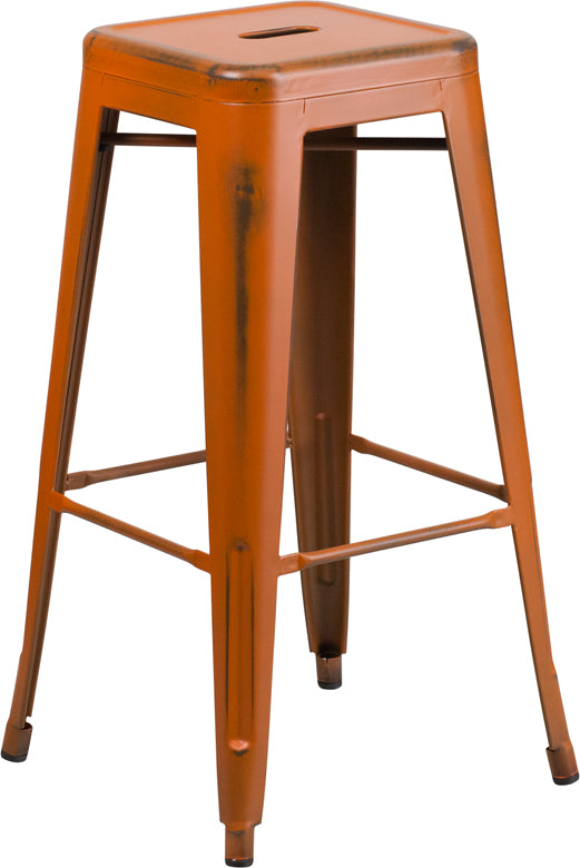 30'' High Backless Distressed Orange Metal Indoor-Outdoor Barstool - ET-BT3503-30-OR-GG