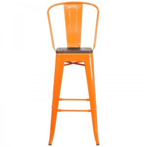 30 High Orange Metal Barstool with Back and Wood Seat