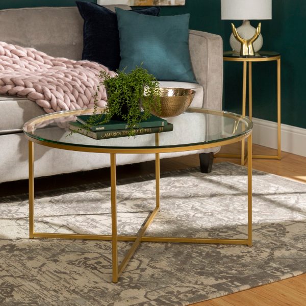 2-Piece Round Coffee Table Set - Glass / Gold
