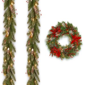 Pack of 2, 9' x 10 Glittery Mountain Spruce Garland include Clear Lights with 30 Decorative Collection Tartan Plaid Wreath include LEDs