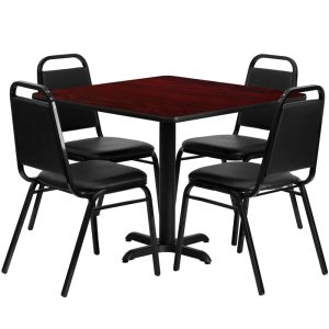 36'' Square Mahogany Laminate Table Set with 4 Black Trapezoidal Back Banquet Chairs - HDBF1010-GG
