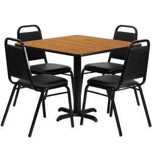 36'' Square Natural Laminate Table Set with 4 Black Trapezoidal Back Banquet Chairs - HDBF1011-GG