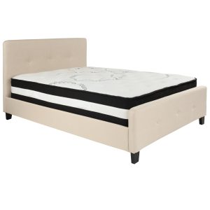 Tribeca Full Size Tufted Upholstered Platform Bed in Beige Fabric with Pocket Spring Mattress