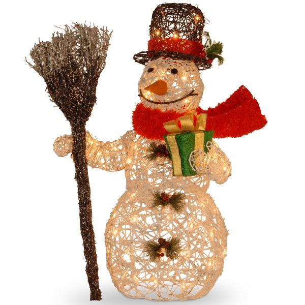 27 White Ratton Snowman Holding Gift and Broom with 50 Clear Outdoor Lights