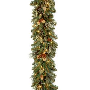 9' x 10 Carolina Pine Garland with 27 Flocked Cones and 100 Clear Lights