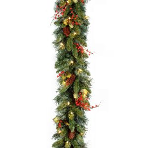 9' x10 Classical Collection Garland with Red Berries, Cones, Holly Leaves and 50 Clear Lights