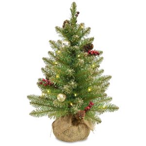 2' Glittery Gold Dunhill Fir Tree in Burlap Base with Red Berries, Cones, Gold Ornaments & 15 Warm White Battery Operated LED Lights with Timer