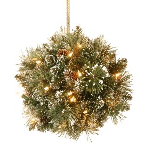 12 Glittery Bristle Pine Kissing Ball with Pine Cones and 35 Warm White LED Battery Operated Lights with Timer
