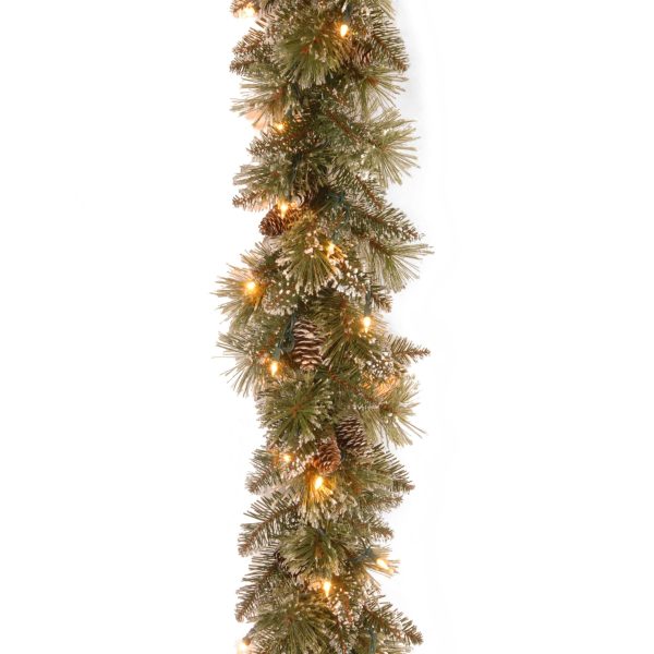 9' x 10 Glittery Bristle Pine Garland with White Tipped Cones and 50 Clear Lights