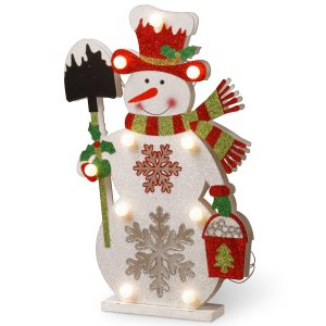 17 Wood-Look Double Sided Snowman Holding a Shovel with 10 Warm White Battery Operated LED Lights