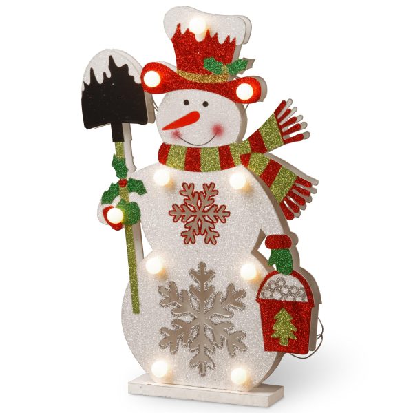 17 Wood-Look Double Sided Snowman Holding a Shovel with 10 Warm White Battery Operated LED Lights