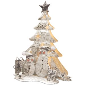 16White Wire Both Sided X'mas Tree with Snowmen with 9 Warm White Battery Operated LED Indoor Lights