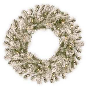 30 Feel Real Snowy Sheffield Spruce Wreath with 100 Warm White Battery Operated LED Lights w/Timer