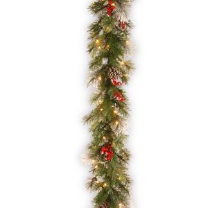9' Feel Real Wintry Berry Collection Garlands with Big Pine Cones, Red Berries & Snowy Bristle with 70 Clear Lights