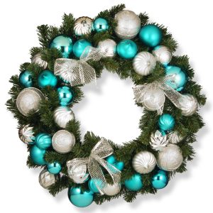 30 Silver and Blue Mixed Ornament Wreath