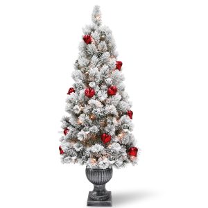 5' Snowy Bristle Pine Entrance Tree with Red & Silver Ornaments with 100 Clear Lights in Silver Pot