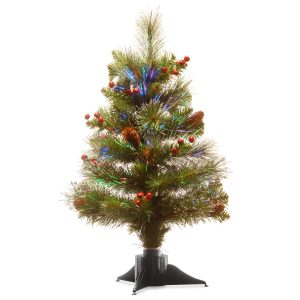 2' Fiber Optic Ice Crestwood Small Tree with Silver Bristle, 8 Cones,8 Red Berries Glitter in Green Base- Battery Operated Lights