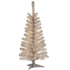 4' Silver Tinsel Tree with Plastic Stand & 70 Clear Lights