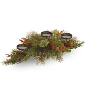 30 Wintry Pine Collection Centerpiece w/3 Candle Holders with Cones, Red Berries & Snowflakes