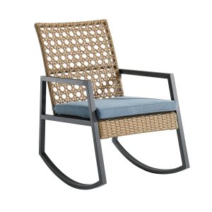 Modern Patio Rattan Rocking Chair - Light Brown/Blue