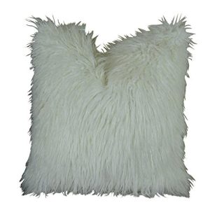 Plutus Curly Mongolian Fur White Handmade Throw Pillow, (Double sided 22 x 22)