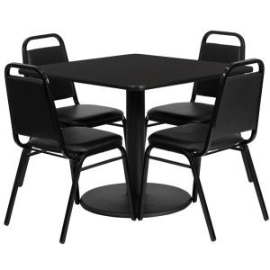 36'' Square Black Laminate Table Set with 4 Black Trapezoidal Back Banquet Chairs - RSRB1009-GG