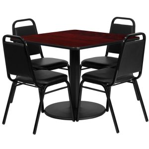 36'' Square Mahogany Laminate Table Set with 4 Black Trapezoidal Back Banquet Chairs - RSRB1010-GG