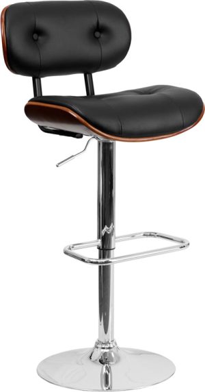 Walnut Bentwood Adjustable Height Barstool with Button Tufted Black Vinyl Seat - SD-2228-WAL-GG