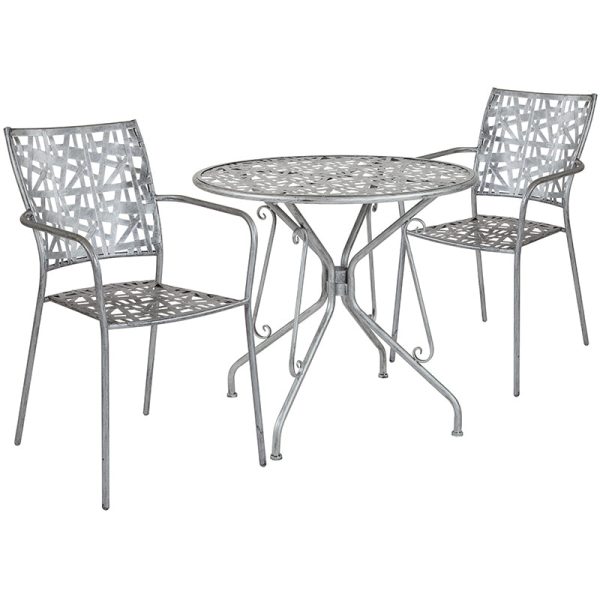 Agostina Series 31.5 Round Antique Silver Indoor-Outdoor Steel Patio Table with 2 Stack Chairs