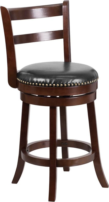 26'' High Cappuccino Wood Counter Height Stool with Black Leather Swivel Seat - TA-16026-CA-GG