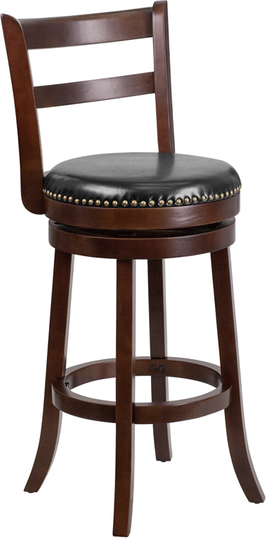 30'' High Cappuccino Wood Barstool with Black Leather Swivel Seat - TA-16029-CA-GG