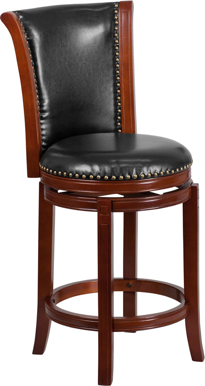 26'' High Dark Chestnut Wood Counter Height Stool with Black Leather Swivel Seat - TA-220126-DC-CTR-GG