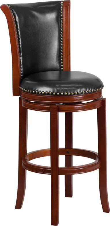 30'' High Dark Chestnut Wood Barstool with Black Leather Swivel Seat - TA-220130-DC-GG