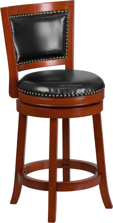 26'' High Light Cherry Wood Counter Height Stool with Black Leather Swivel Seat - TA-355526-LC-CTR-GG