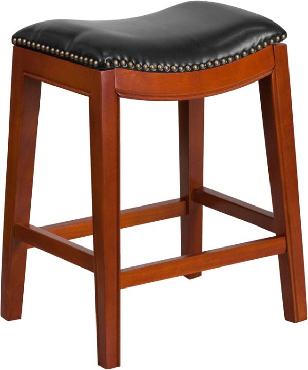 26'' High Backless Light Cherry Wood Counter Height Stool with Black Leather Seat - TA-411026-LC-GG