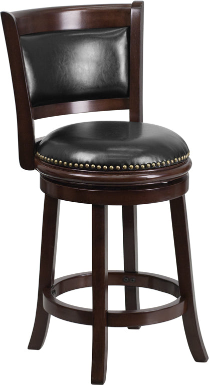 24'' High Cappuccino Wood Counter Height Stool with Black Leather Swivel Seat - TA-61024-CA-CTR-GG