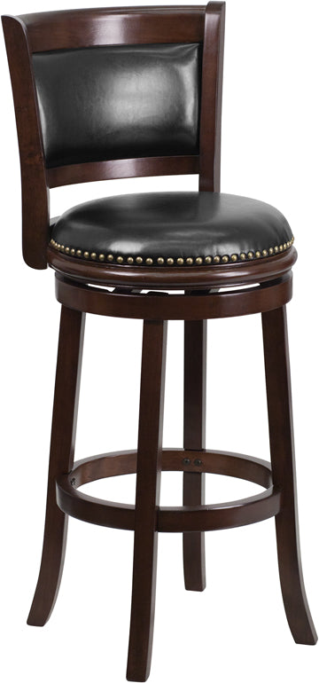 29'' High Cappuccino Wood Barstool with Black Leather Swivel Seat - TA-61029-CA-GG